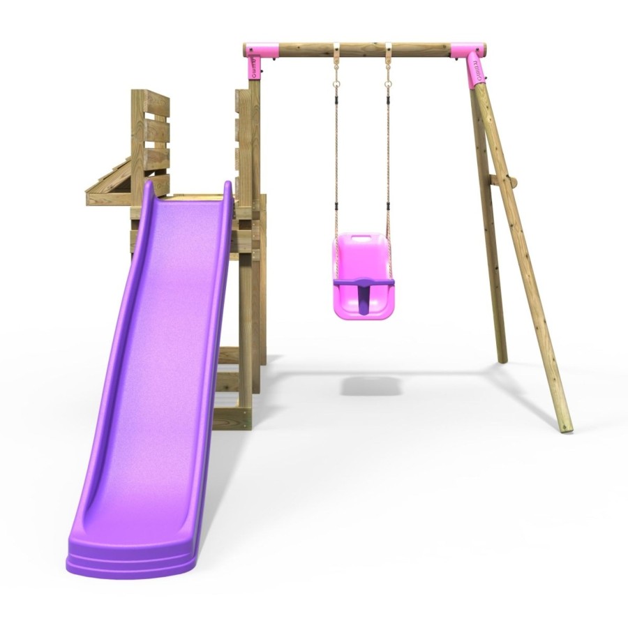 Swings OutdoorToys Wooden Swings | Rebo Wooden Swing Set With Deluxe Add On Deck & 8Ft Slide - Pluto Pink