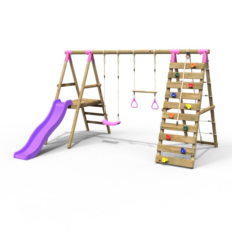 Swings OutdoorToys Wooden Swings | Rebo Wooden Swing Set With Deck, Slide & Climbing Wall - Jasper Pink