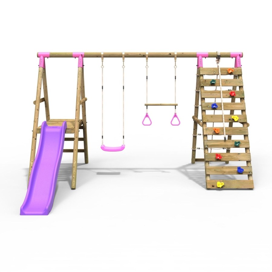 Swings OutdoorToys Wooden Swings | Rebo Wooden Swing Set With Deck, Slide & Climbing Wall - Jasper Pink