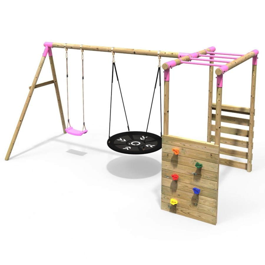 Swings OutdoorToys Wooden Swings | Rebo Wooden Garden Swing Set With Monkey Bars - Meteorite Pink