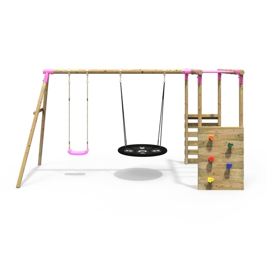 Swings OutdoorToys Wooden Swings | Rebo Wooden Garden Swing Set With Monkey Bars - Meteorite Pink