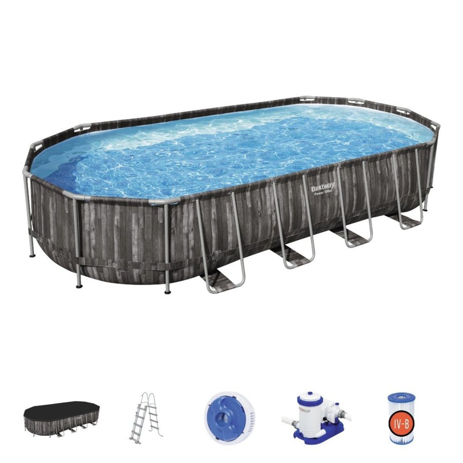 Swimming Pools OutdoorToys Steel Frame Pools | The Bestway Power Steel Oval 24Ft X 12Ft X 48In Swimming Pool With Filter Pump Bw5611T