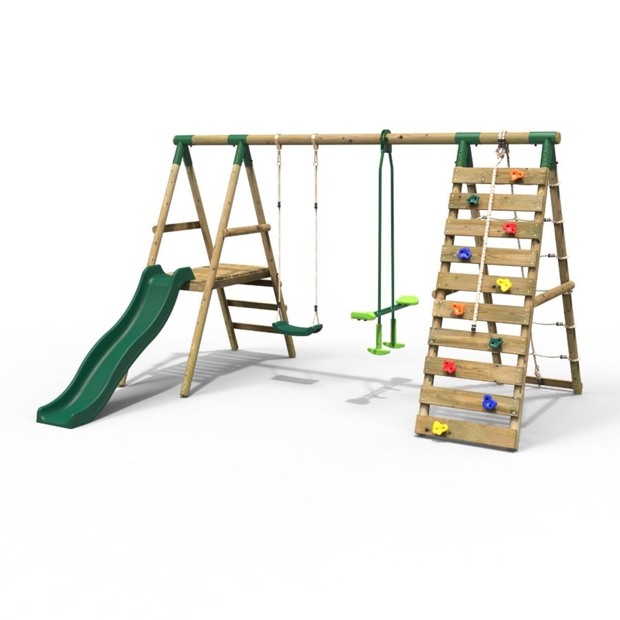 Swings OutdoorToys Wooden Swings | Rebo Wooden Swing Set With Deck, Slide & Climbing Wall - Obsidian Green