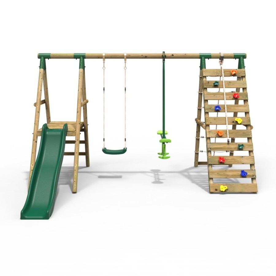 Swings OutdoorToys Wooden Swings | Rebo Wooden Swing Set With Deck, Slide & Climbing Wall - Obsidian Green