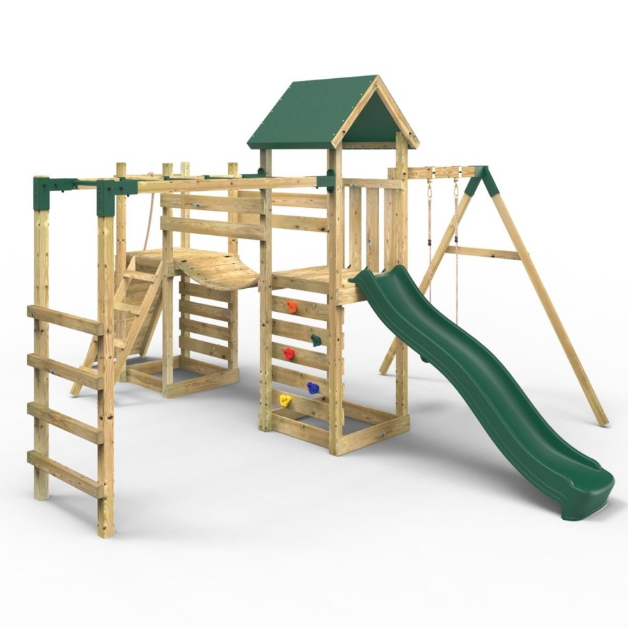 Climbing Frames OutdoorToys Climbing Frames With Rock Walls | Rebo Double Tower Climbing Frame With Flexible Bridge, Swing & Slide - Arvon