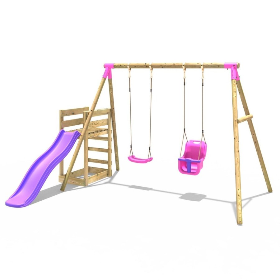 Swings OutdoorToys Wooden Swings | Rebo Wooden Swing Set Plus Deck & Slide - Luna Pink