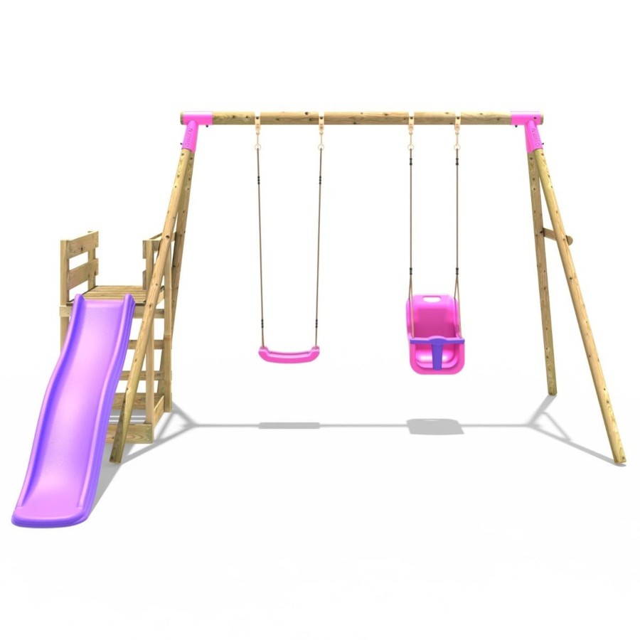 Swings OutdoorToys Wooden Swings | Rebo Wooden Swing Set Plus Deck & Slide - Luna Pink