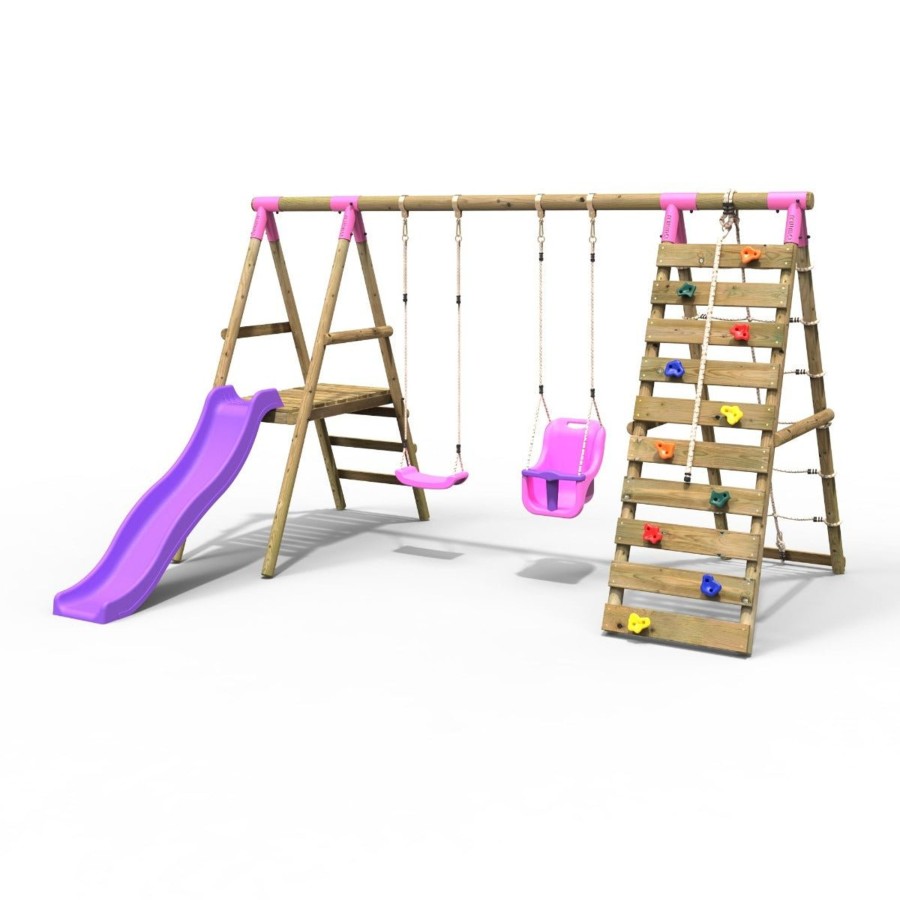 Swings OutdoorToys Wooden Swings | Rebo Wooden Swing Set With Deck And Slide Plus Up And Over Climbing Wall - Moonstone