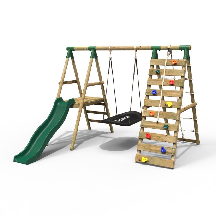 Swings OutdoorToys Wooden Swings | Rebo Wooden Swing Set With Deck And Slide Plus Up And Over Climbing Wall - Onyx