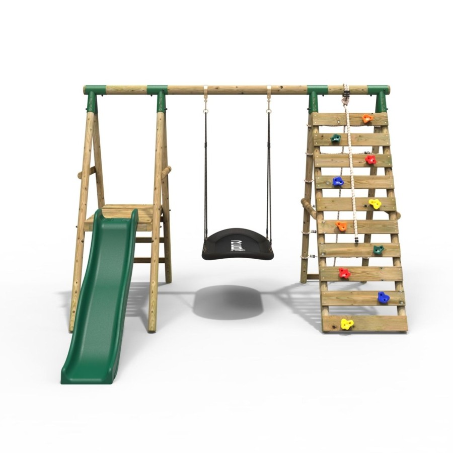 Swings OutdoorToys Wooden Swings | Rebo Wooden Swing Set With Deck And Slide Plus Up And Over Climbing Wall - Onyx