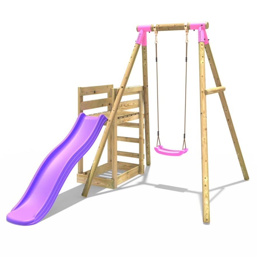 Swings OutdoorToys Wooden Swings | Rebo Wooden Swing Set Plus Deck & Slide - Solar Pink