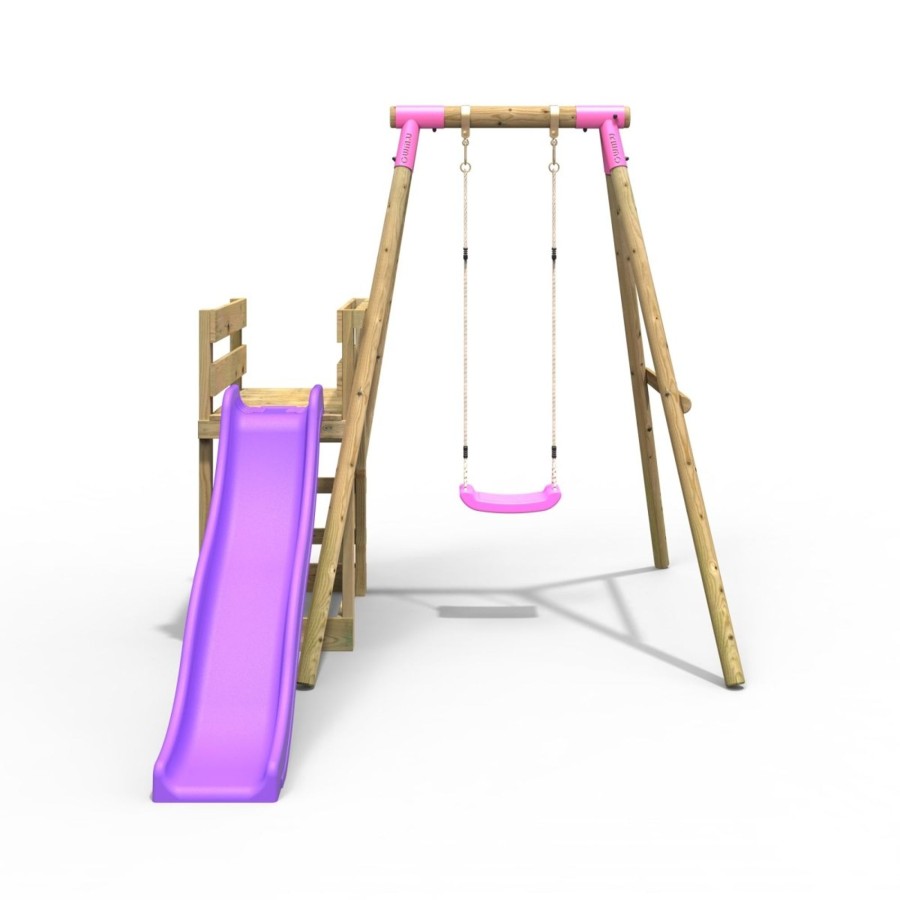 Swings OutdoorToys Wooden Swings | Rebo Wooden Swing Set Plus Deck & Slide - Solar Pink