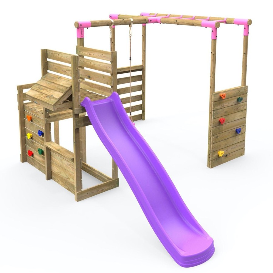 Swings OutdoorToys Wooden Swings | Rebo Wooden Swing Set Plus Deluxe Deck, 8Ft Slide & Monkey Bars - Solar Pink