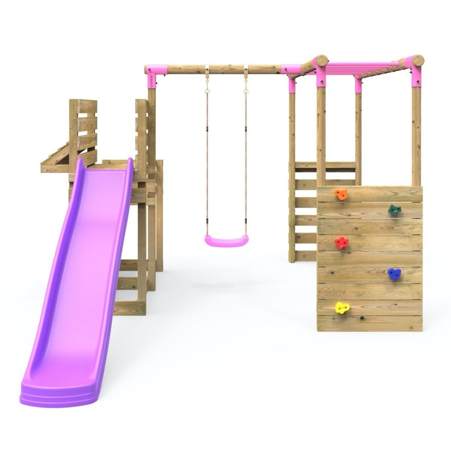 Swings OutdoorToys Wooden Swings | Rebo Wooden Swing Set Plus Deluxe Deck, 8Ft Slide & Monkey Bars - Solar Pink