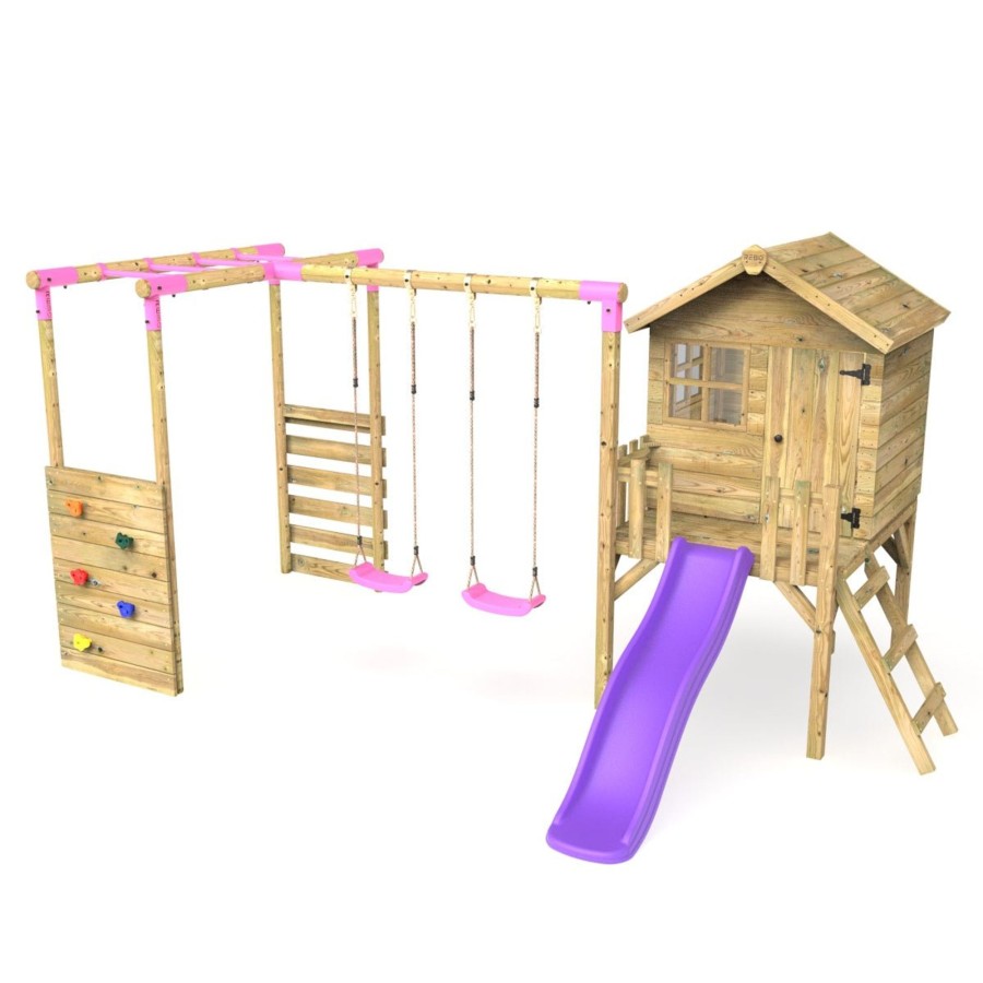 Playhouses OutdoorToys Playhouse With MonHot Bars | Rebo Orchard 4Ft Wooden Playhouse, Swings, Monkey Bars, Deck & 6Ft Slide Venus Purple