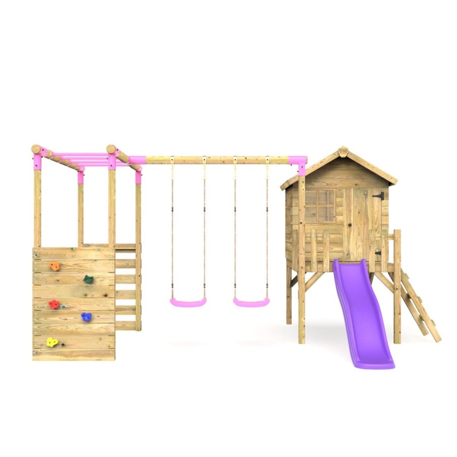 Playhouses OutdoorToys Playhouse With MonHot Bars | Rebo Orchard 4Ft Wooden Playhouse, Swings, Monkey Bars, Deck & 6Ft Slide Venus Purple