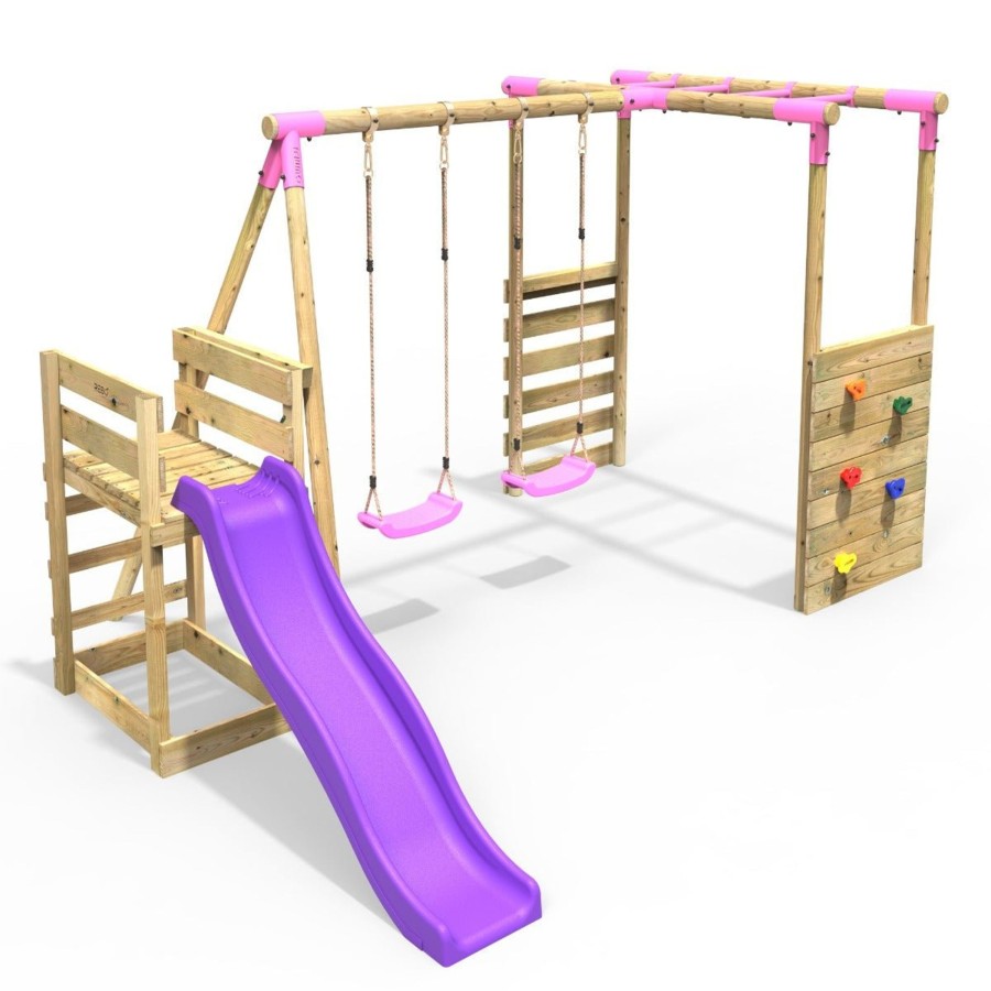 Swings OutdoorToys Wooden Swings | Rebo Wooden Swing Set With Monkey Bars Plus Deck & 6Ft Slide - Venus Pink