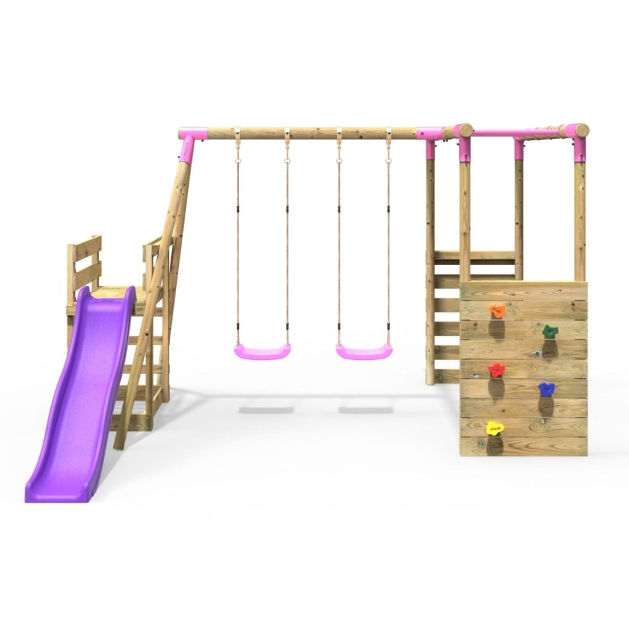 Swings OutdoorToys Wooden Swings | Rebo Wooden Swing Set With Monkey Bars Plus Deck & 6Ft Slide - Venus Pink