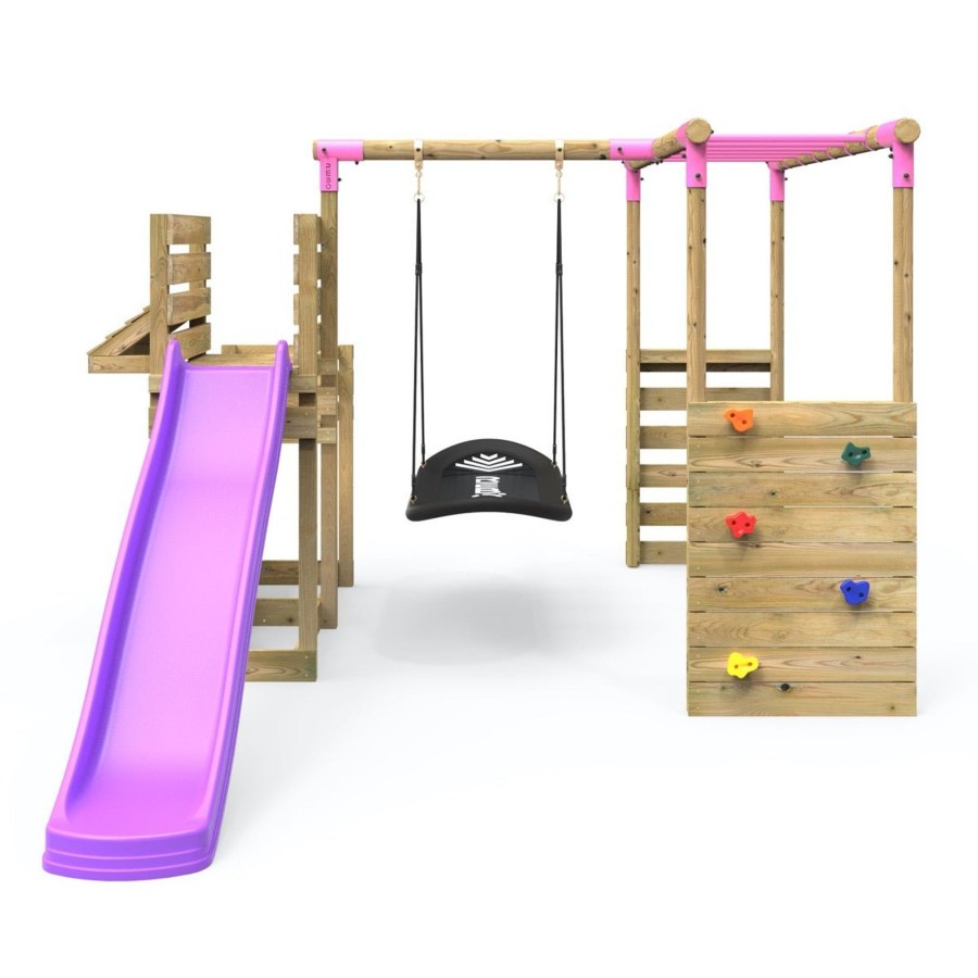 Swings OutdoorToys Wooden Swings | Rebo Wooden Swing Set Plus Deluxe Deck, 8Ft Slide & Monkey Bars - Boat Pink