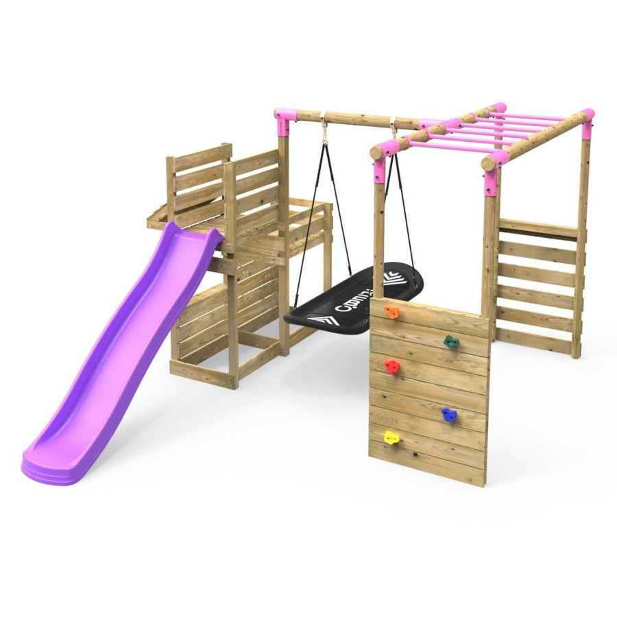 Swings OutdoorToys Wooden Swings | Rebo Wooden Swing Set Plus Deluxe Deck, 8Ft Slide & Monkey Bars - Boat Pink