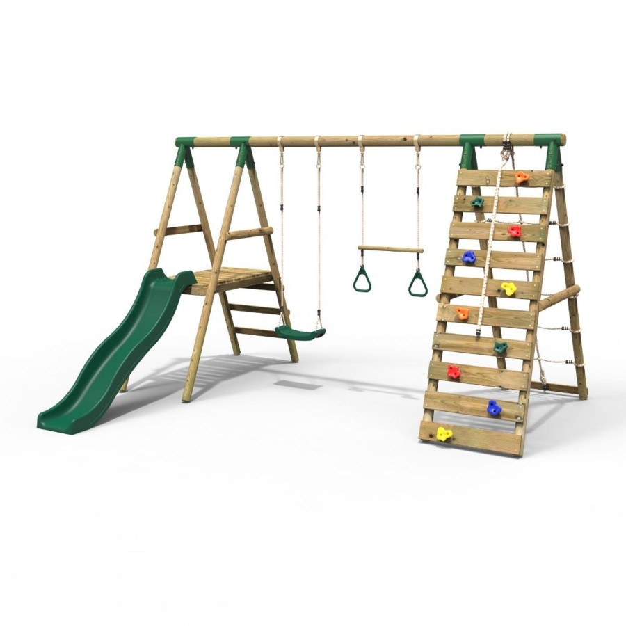 Swings OutdoorToys Wooden Swings | Rebo Wooden Swing Set With Deck, Slide & Climbing Wall - Jasper Green