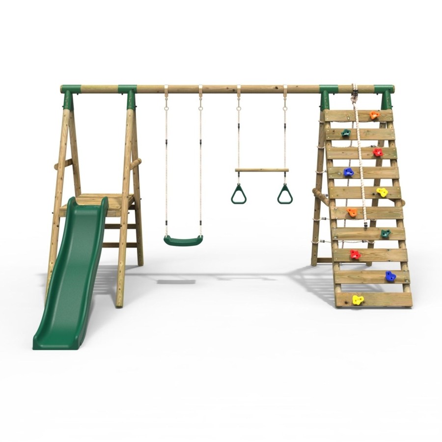 Swings OutdoorToys Wooden Swings | Rebo Wooden Swing Set With Deck, Slide & Climbing Wall - Jasper Green