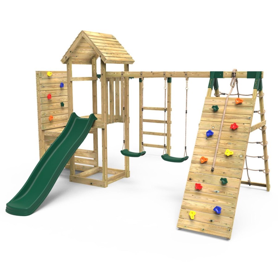 Climbing Frames OutdoorToys Climbing Frames With Rock Walls | Rebo Wooden Climbing Frame With Vertical Rock Wall, Swing Set And Slide - Dolomite+