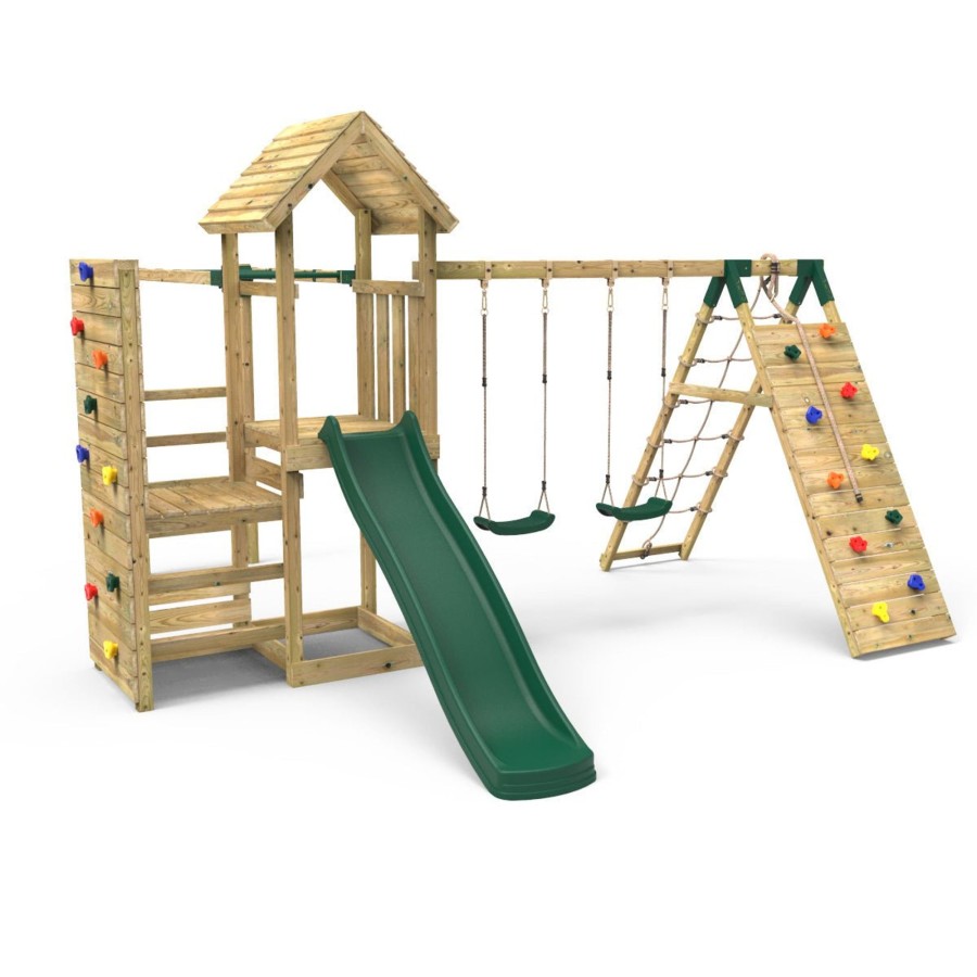 Climbing Frames OutdoorToys Climbing Frames With Rock Walls | Rebo Wooden Climbing Frame With Vertical Rock Wall, Swing Set And Slide - Dolomite+