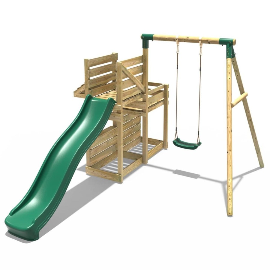 Swings OutdoorToys Wooden Swings | Rebo Wooden Swing Set With Deluxe Add On Deck & 8Ft Slide - Solar Green