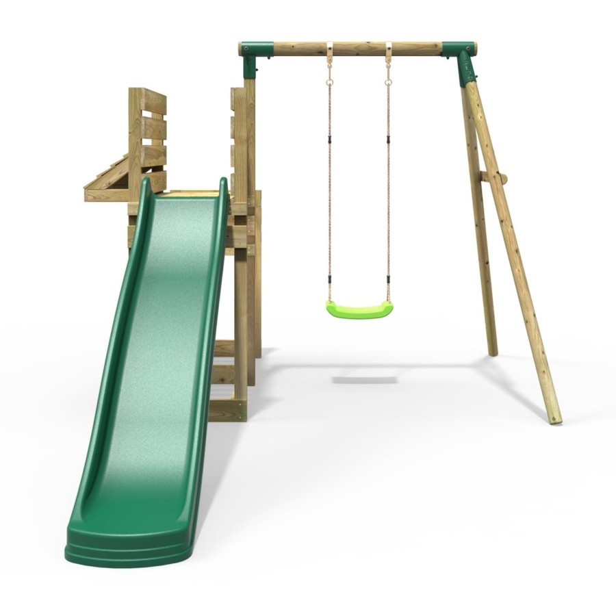 Swings OutdoorToys Wooden Swings | Rebo Wooden Swing Set With Deluxe Add On Deck & 8Ft Slide - Solar Green