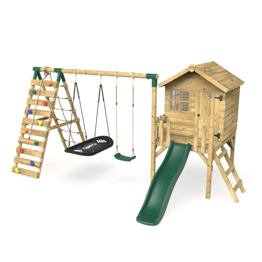 Playhouses OutdoorToys Playhouses With Slides And Swings | Rebo Orchard 4Ft Wooden Playhouse + Swings, Rock Wall, Deck & 6Ft Slide Sage Green