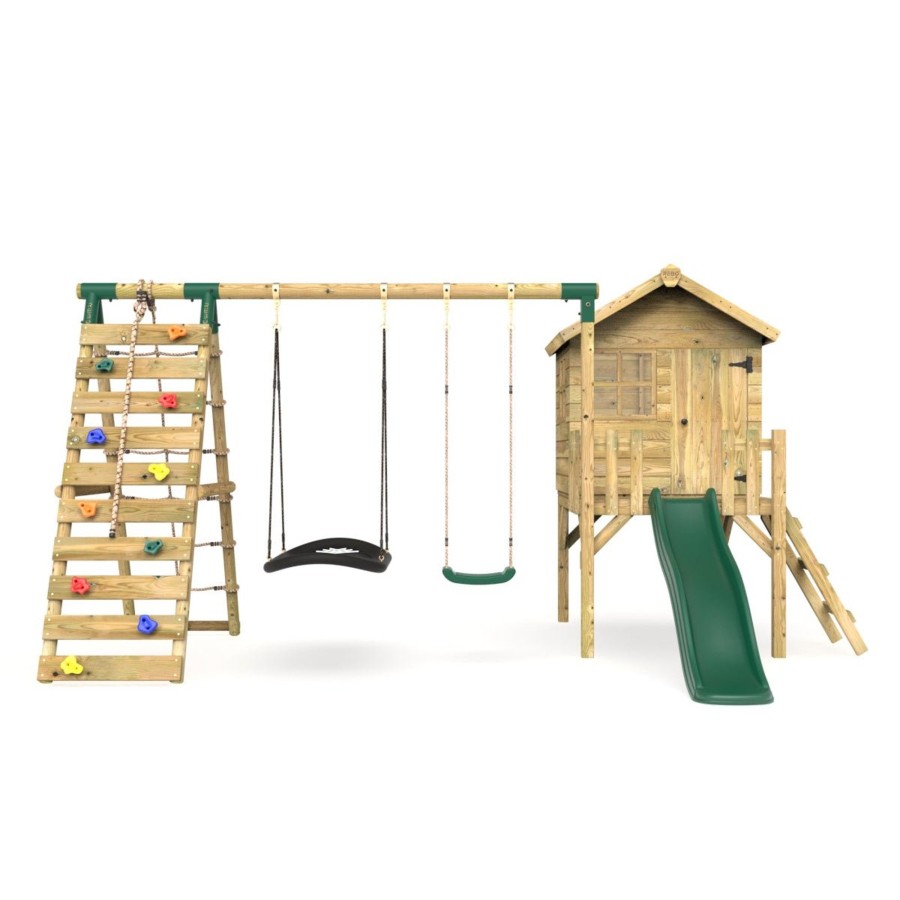 Playhouses OutdoorToys Playhouses With Slides And Swings | Rebo Orchard 4Ft Wooden Playhouse + Swings, Rock Wall, Deck & 6Ft Slide Sage Green