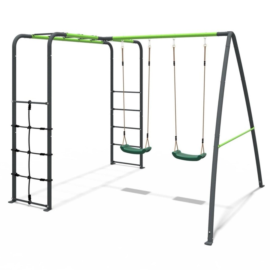 Swings OutdoorToys Metal Swing Sets | Rebo Steel Series Metal Swing Set With Monkey Bars - Double Swing Green