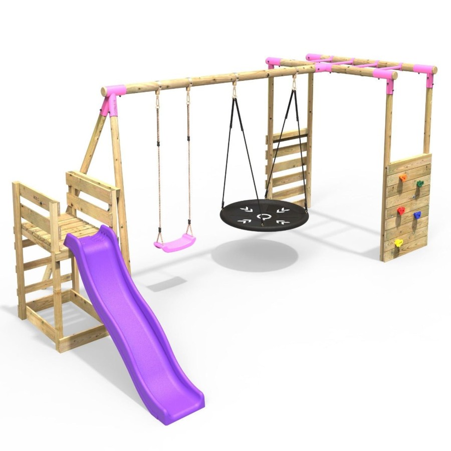 Swings OutdoorToys Wooden Swings | Rebo Wooden Swing Set With Monkey Bars Plus Deck & 6Ft Slide - Meteortie Pink