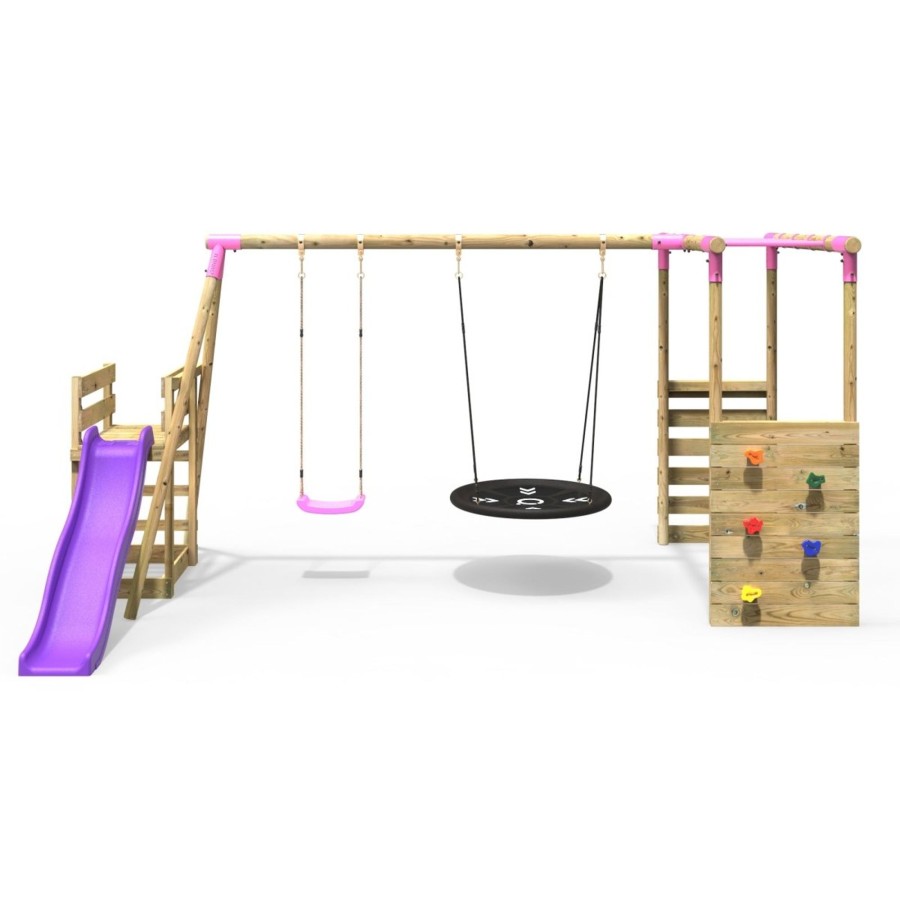 Swings OutdoorToys Wooden Swings | Rebo Wooden Swing Set With Monkey Bars Plus Deck & 6Ft Slide - Meteortie Pink