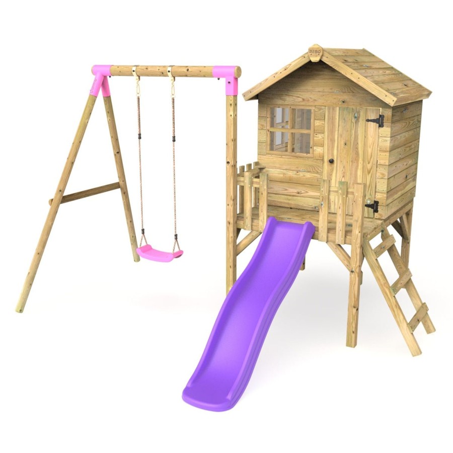 Playhouses OutdoorToys Playhouses With Slides And Swings | Rebo Orchard 4Ft X 4Ft Wooden Playhouse + Swings, 900Mm Deck & 6Ft Slide - Solar Purple