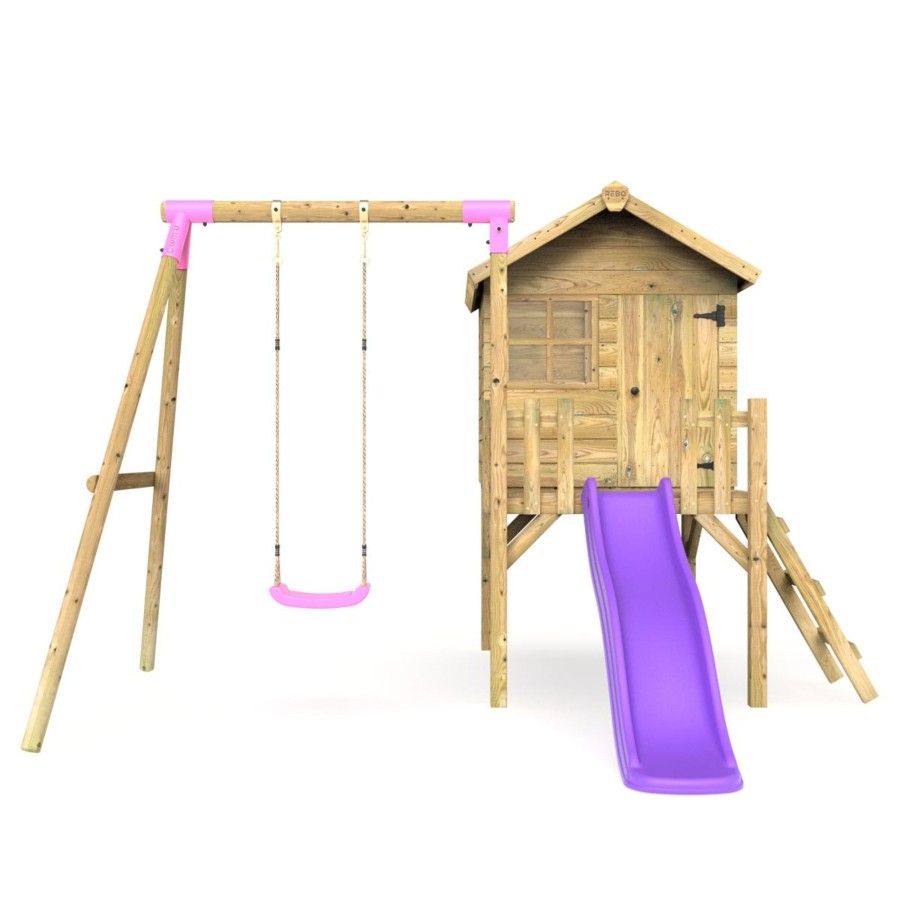 Playhouses OutdoorToys Playhouses With Slides And Swings | Rebo Orchard 4Ft X 4Ft Wooden Playhouse + Swings, 900Mm Deck & 6Ft Slide - Solar Purple