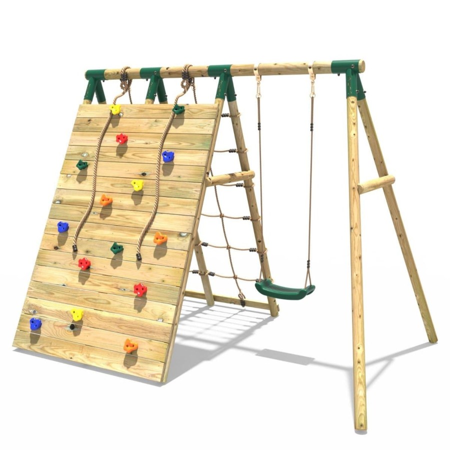 Swings OutdoorToys Wooden Swings | Rebo Beat The Wall Wooden Swing Set With Double Up & Over Climbing Wall Apex