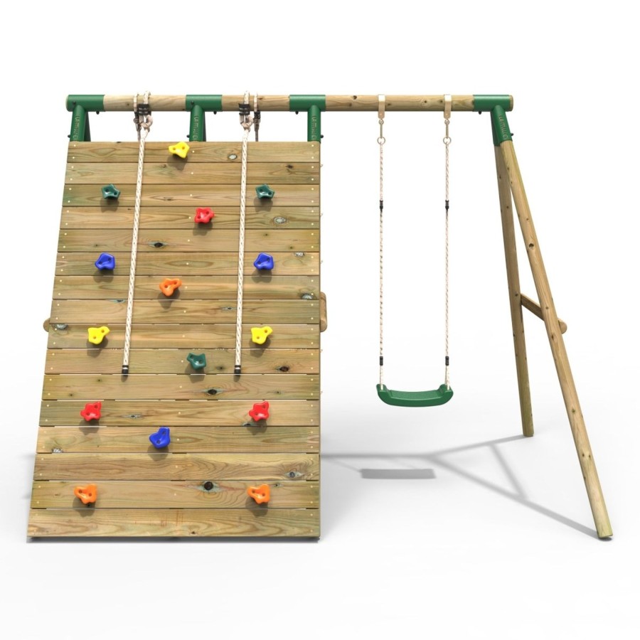 Swings OutdoorToys Wooden Swings | Rebo Beat The Wall Wooden Swing Set With Double Up & Over Climbing Wall Apex