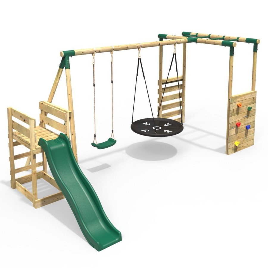 Swings OutdoorToys Wooden Swings | Rebo Wooden Swing Set With Monkey Bars Plus Deck & 6Ft Slide - Meteorite Green