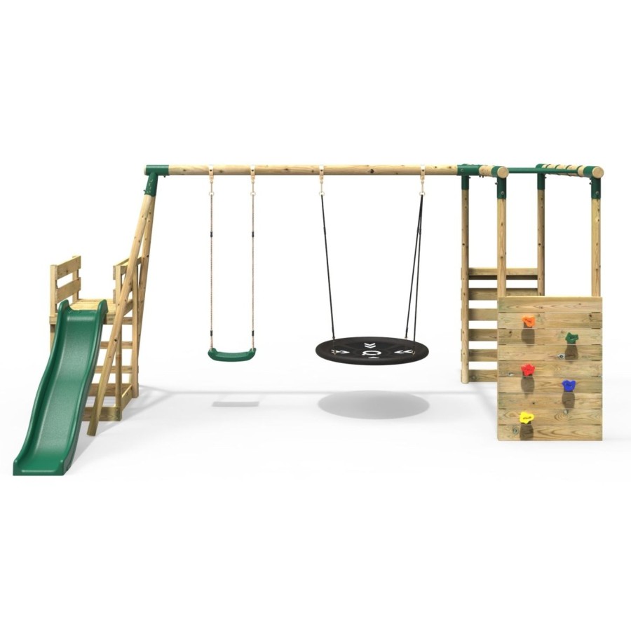 Swings OutdoorToys Wooden Swings | Rebo Wooden Swing Set With Monkey Bars Plus Deck & 6Ft Slide - Meteorite Green