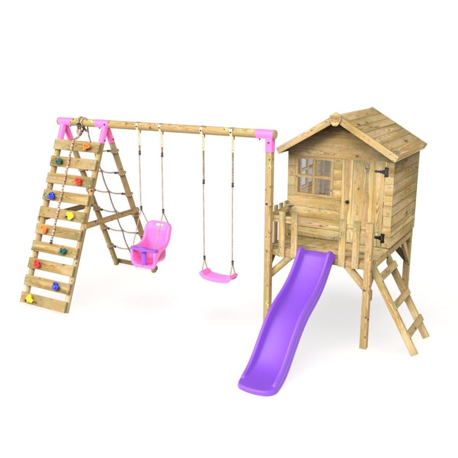 Playhouses OutdoorToys Playhouses With Slides And Swings | Rebo Orchard 4Ft Wooden Playhouse + Swings, Rock Wall, Deck & 6Ft Slide Luna Purple