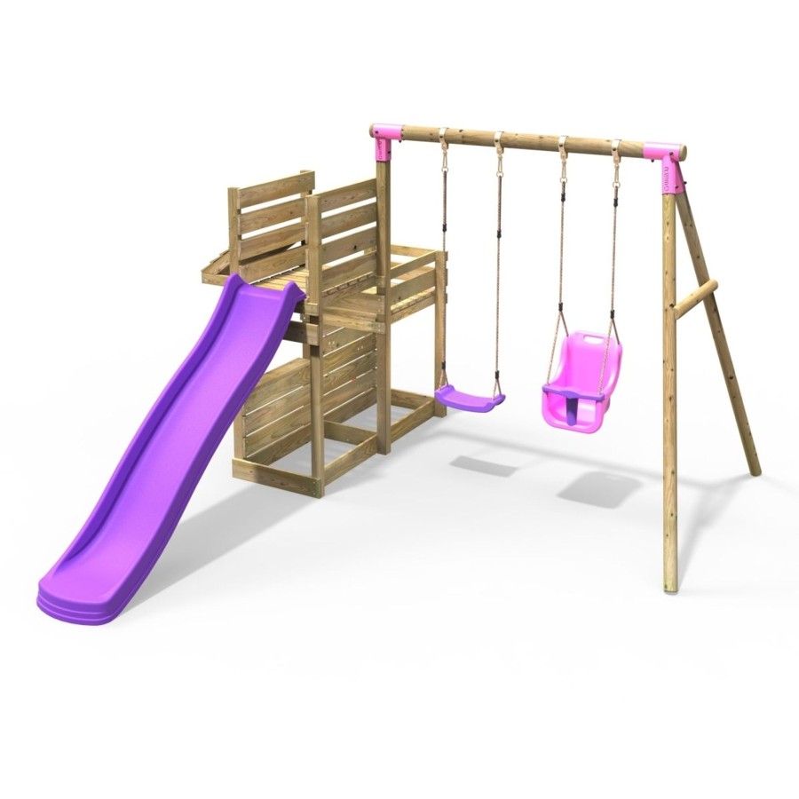 Swings OutdoorToys Wooden Swings | Rebo Wooden Swing Set With Deluxe Add On Deck & 8Ft Slide - Luna Pink