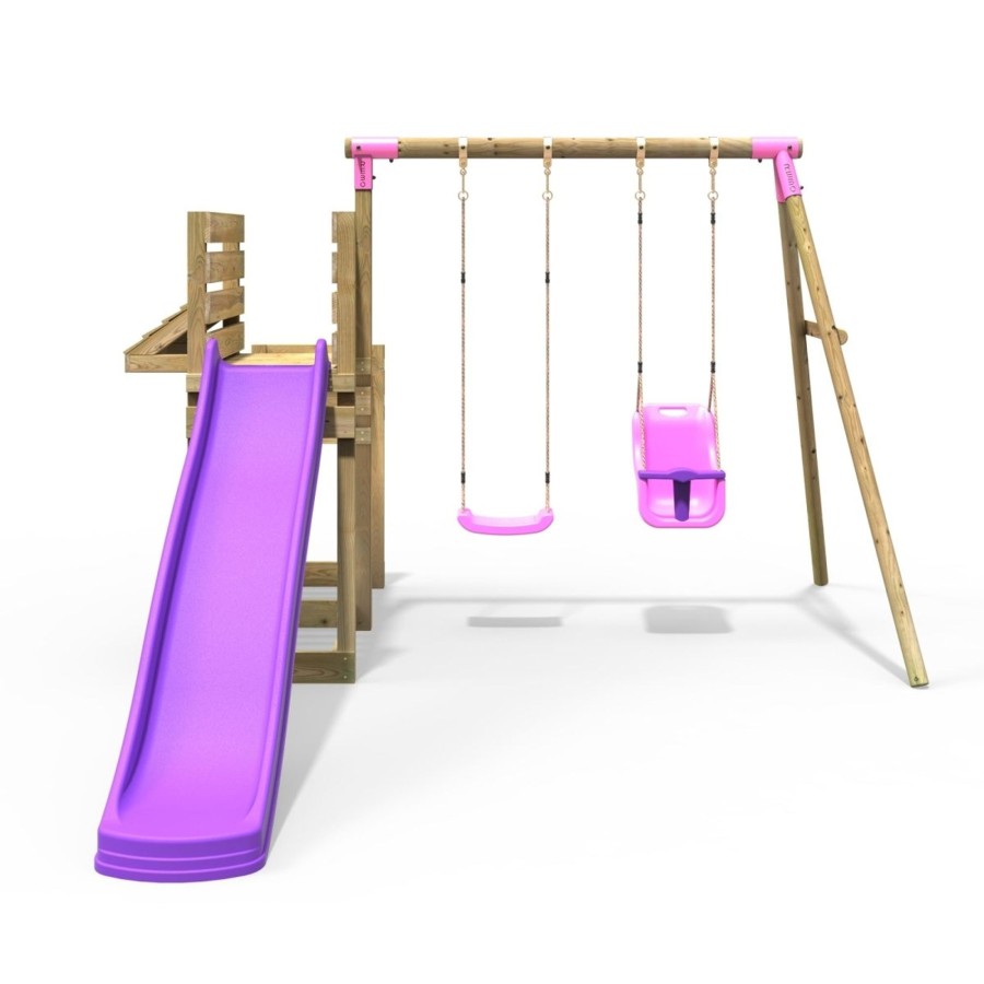 Swings OutdoorToys Wooden Swings | Rebo Wooden Swing Set With Deluxe Add On Deck & 8Ft Slide - Luna Pink