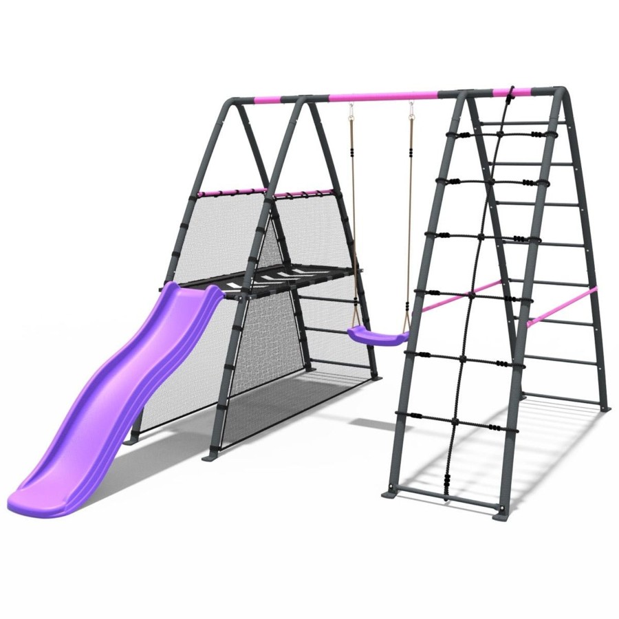 Swings OutdoorToys Metal Swing Sets | Rebo Steel Series Metal Swing Set + Up And Over Wall & 6Ft Slide - Single Pink