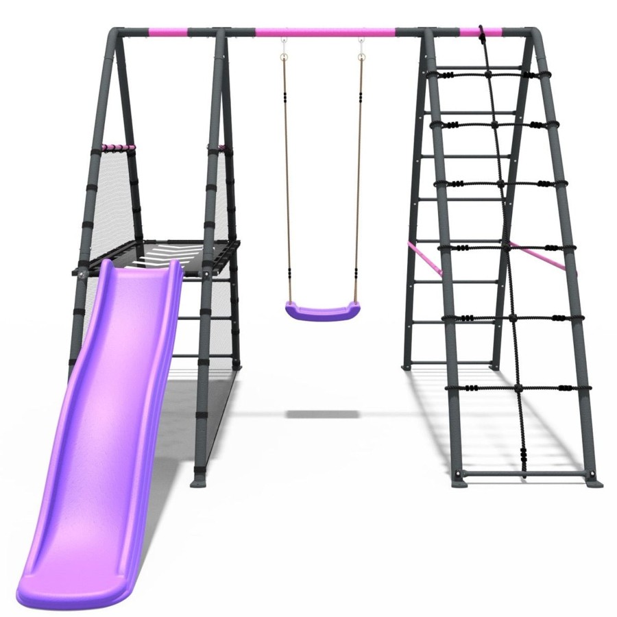 Swings OutdoorToys Metal Swing Sets | Rebo Steel Series Metal Swing Set + Up And Over Wall & 6Ft Slide - Single Pink