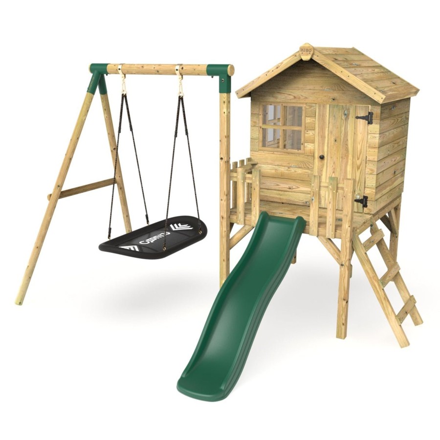 Playhouses OutdoorToys Playhouses With Slides And Swings | Rebo Orchard 4Ft X 4Ft Wooden Playhouse + Swings, 900Mm Deck & 6Ft Slide - Boat Green