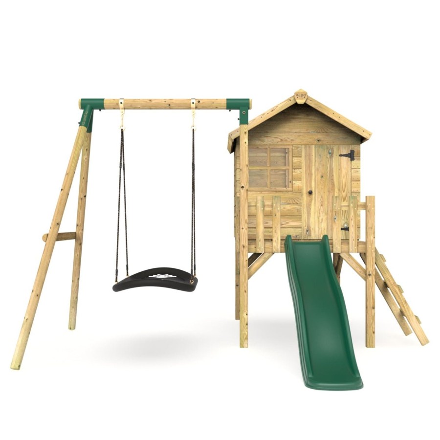 Playhouses OutdoorToys Playhouses With Slides And Swings | Rebo Orchard 4Ft X 4Ft Wooden Playhouse + Swings, 900Mm Deck & 6Ft Slide - Boat Green