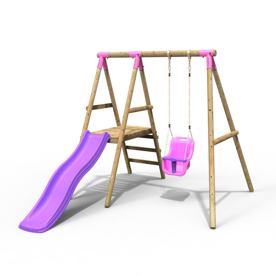 Swings OutdoorToys Swings & Slide Sets | Rebo Cassini Wooden Swing Set With Platform And Slide - Pink