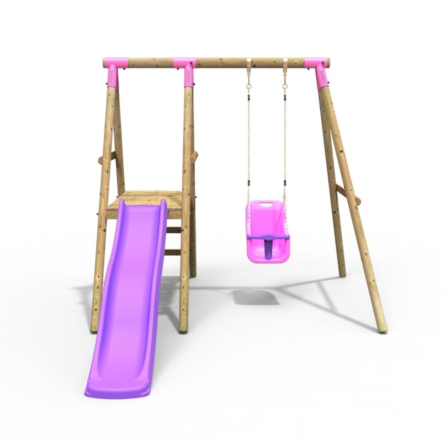 Swings OutdoorToys Swings & Slide Sets | Rebo Cassini Wooden Swing Set With Platform And Slide - Pink